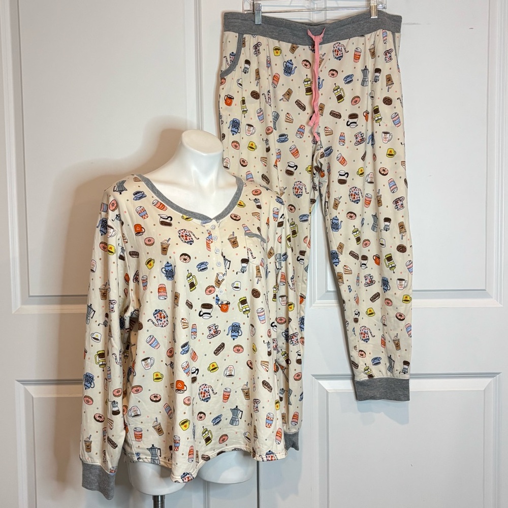 Cuddl Duds Coffee Pastries Long Sleeve Pants Pajama Set XL/XXL - Picture 2 of 12